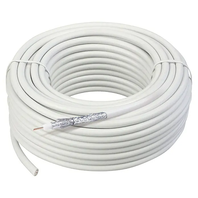 Schwaiger Koaxialkabel - 25 m, Weiß, Schirmungsmaß: 115 dB - Rolle weißes Koaxialkabel, teilweise abisoliert, um die inneren Schichten freizulegen. Ideal für TV- und Antennenanschlüsse.