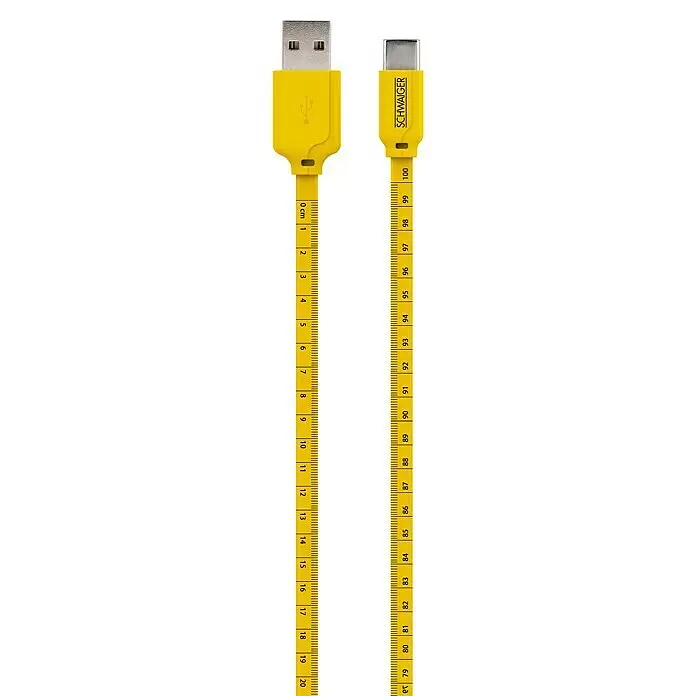Schwaiger USB-Kabel Sync & Ladekabel mit Maßband - 1,2 m, USB A-Stecker, USB C-Stecker, Schwarz/Gelb - Gelbes SCHWAIGER USB-A auf USB-C Kabel mit integrierten Maßband-Markierungen (0-100 cm).