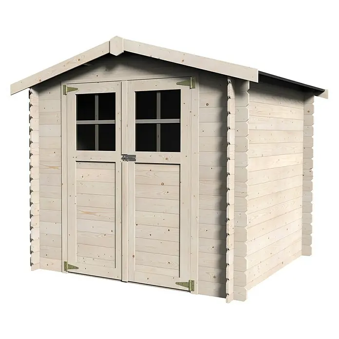 Décor et Jardin Gerätehaus Milovic - Außenmaß inkl. Dachüberstand (B x T): 230 x 213 cm, Wandstärke: 19 mm, Natur - Bild eines hellen Holzgartenschuppens mit Doppeltür und Fenstern.