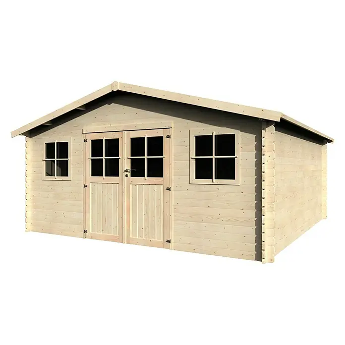 Décor et Jardin Caseta de jardín Avelin II - Medidas ext. (An x Pr): 509 x 495 cm, Madera, Natural - Caseta de jardín de madera con puerta doble y ventanas, ideal para herramientas y más. Un complemento práctico y elegante para el jardín.