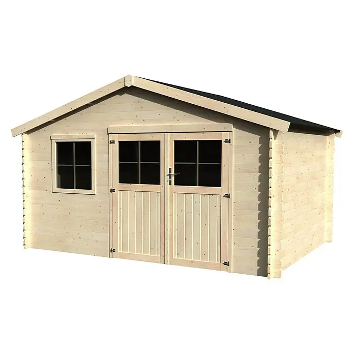 Décor et Jardin Caseta de jardín Flodeal - Medidas ext. (An x Pr): 419 x 302 cm, Espesor de pared: 28 mm, Natural - Caseta de jardín de madera con puerta doble y ventana. Ideal para guardar herramientas y como espacio exterior elegante.