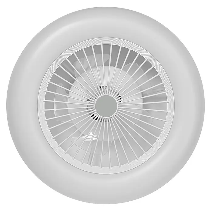 Ledvance Smart+ WiFi Deckenventilator - Weiß, 55 cm, 75 W, Neutralweiß - Ein runder, weißer Deckenventilator mit Gitter ist vor einem schwarzen Hintergrund dargestellt. Der Ventilator sorgt für Kühlung und Luftzirkulation.