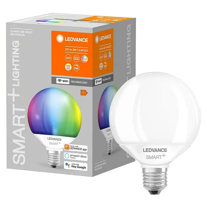 Osram Smart+ LED-Lampe - E27, Dimmbar, Warmweiß, 1.521 lm, 14 W - Nahaufnahme einer LEDVANCE SMART+ Multicolor Lampe und ihrer Verpackung.