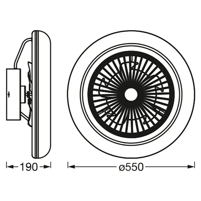 Ledvance Smart+ WiFi Deckenventilator - Weiß, 55 cm, 75 W, Neutralweiß - Abbildung eines runden, ummantelten Lüfters mit den Maßen Ø550 und 190 mm.