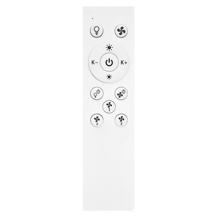 Ledvance Smart+ WiFi Deckenventilator - Weiß, 55 cm, 75 W, Neutralweiß - Nahaufnahme einer weißen Deckenventilator-Fernbedienung mit mehreren Tasten zur Steuerung von Licht, Ventilatorgeschwindigkeit und Farbtemperatur.