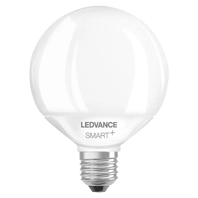 Osram Smart+ LED-Lampe - E27, Dimmbar, Warmweiß, 1.521 lm, 14 W - Nahaufnahme einer LEDVANCE SMART+ Glühbirne mit E27-Sockel, die ein modernes und intelligentes Beleuchtungserlebnis verspricht.