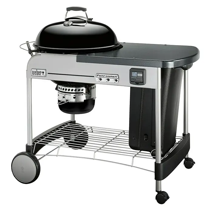Weber Barbacoa de carbón Performer premium GBS 57 - Diámetro de la superficie de la parrilla: 57 cm, Negro - Barbacoa de carbón Weber Performer Deluxe con sistema de encendido Touch-N-Go y termómetro integrado para asados precisos al aire libre.
