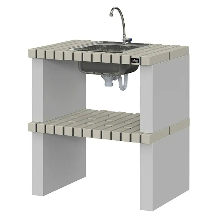 Collippo Barbacoa de obra Alvor con mesa auxiliar y fregadero - An x Pr x Al: 220 x 47 x 224 cm, Superficie parrilla: 64 x 38 cm, Blanco - La imagen muestra un moderno fregadero de exterior con encimera y estante, ideal para el jardín o la terraza, combinando funcionalidad y estilo.