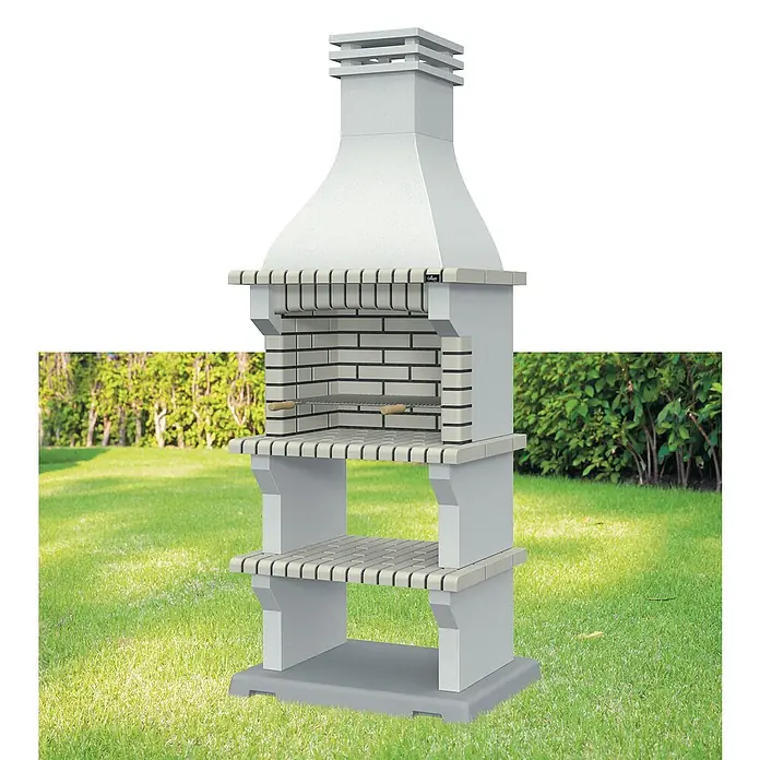 Collippo Base para suelo de barbacoa - L x An x Al: 99 x 65 x 8 cm - Una barbacoa de jardín de piedra con estantes y una chimenea alta.