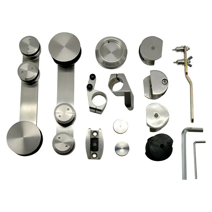 Set completo de herrajes para puertas correderas de cristal - Capacidad de carga: 150 kg - Este es un conjunto de herrajes para puertas, que incluye rodillos, abrazaderas y herramientas necesarias para una puerta corredera.