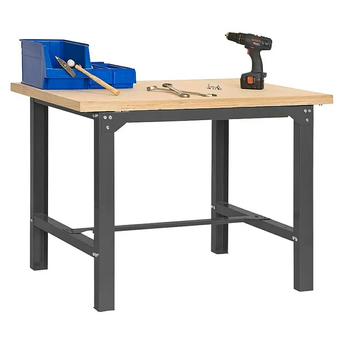 Simonrack Simonwork Werkbank BT6L MDF 1500 - L x B: 75 x 150 cm, Arbeitshöhe: 86,5 cm, Belastbarkeit: 600 kg, Schwarz/Holz - Werkbank mit Schraubstock, Hammer, Schraubenschlüssel und Bohrmaschine. Ideal für Heimwerker und Profis.