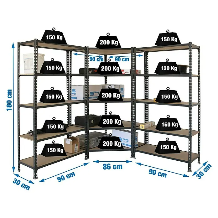 Simonrack Maderclick Eckregale-Set Maderclick Corner - H x B x T: 180 x 180 x 30 cm, Traglast pro Boden: 150 kg, Anzahl Böden: 15 Stk., Stecken, Anthrazitgrau - Eine L-förmige Schwerlastregal-Einheit mit mehreren Ebenen zur Lagerung verschiedener Gegenstände und einer Gewichtskapazität von bis zu 200 kg.