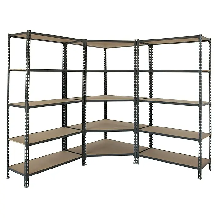 Simonrack Maderclick Eckregale-Set Maderclick Corner - H x B x T: 180 x 180 x 30 cm, Traglast pro Boden: 150 kg, Anzahl Böden: 15 Stk., Stecken, Anthrazitgrau - Das Bild zeigt ein Eckregalsystem mit robusten Metallrahmen und mehreren Ablageflächen, ideal für die Organisation von Gegenständen in Ecken.