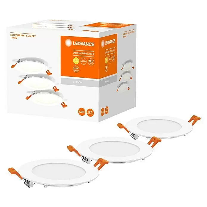 Ledvance LED-Einbauleuchten-Set rund - 8 W, Ø x H: 12 x 2,4 cm, Weiß, Warmweiß - Diagonale Ansicht