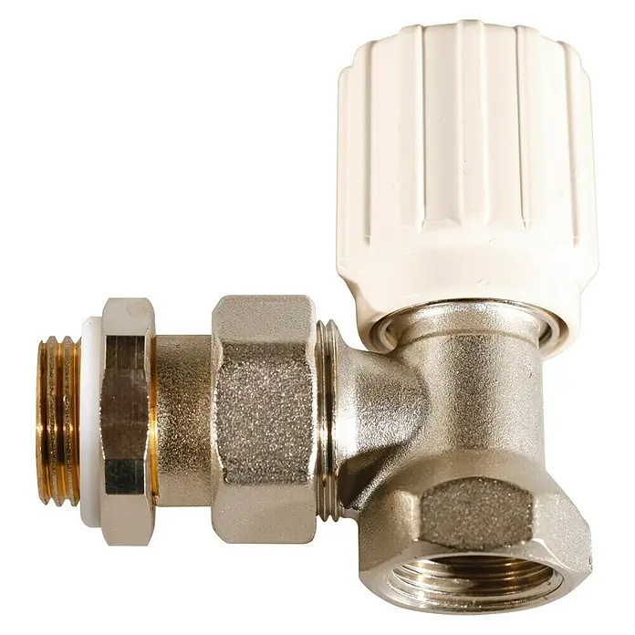Válvula para radiador escuadra en envase - ⅜″ - Primer plano de una válvula angular con mango blanco y roscas doradas, ideal para instalaciones de fontanería.
