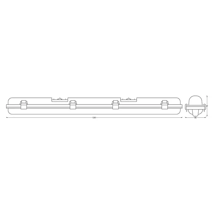 Ledvance LED-Feuchtraumlichtleiste Submarine - L x B x H: 120 x 6,6 x 7,5 cm, Lichtfarbe: Kaltweiß, 15 W, IP65 - Produktabbildung: Eine längliche, graue LED-Leuchte mit einer Länge von 1261 mm und einer Höhe von 75 mm für eine helle und effiziente Beleuchtung.