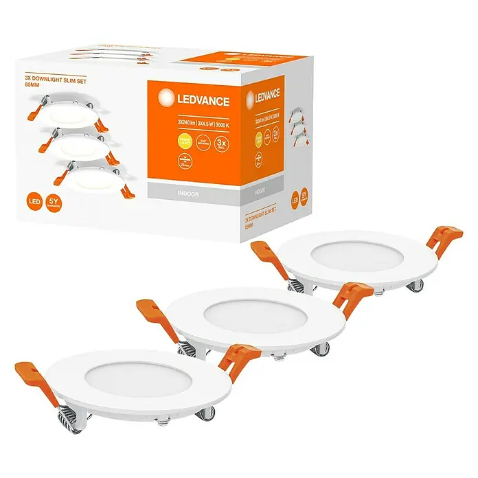 Ledvance LED-Einbauleuchten-Set rund - 4,5 W, Ø x H: 8,5 x 2,3 cm, Weiß, Warmweiß - LEDVANCE 3er Set Slim Downlights, 85mm Durchmesser, ideal für die Innenbeleuchtung mit warmweissem Licht und einfacher Installation.