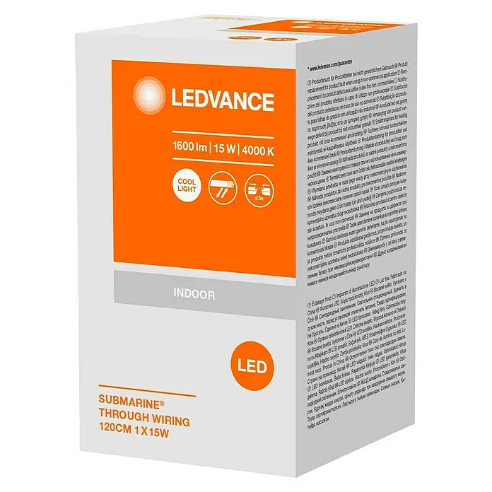 Ledvance LED-Feuchtraumlichtleiste Submarine - L x B x H: 120 x 6,6 x 7,5 cm, Lichtfarbe: Kaltweiß, 15 W, IP65 - LEDVANCE Submarine® LED-Leuchte für Innenräume, 120cm, 15W, mit Kühllicht und einer Lebensdauer von bis zu 5-facher Nutzung.
