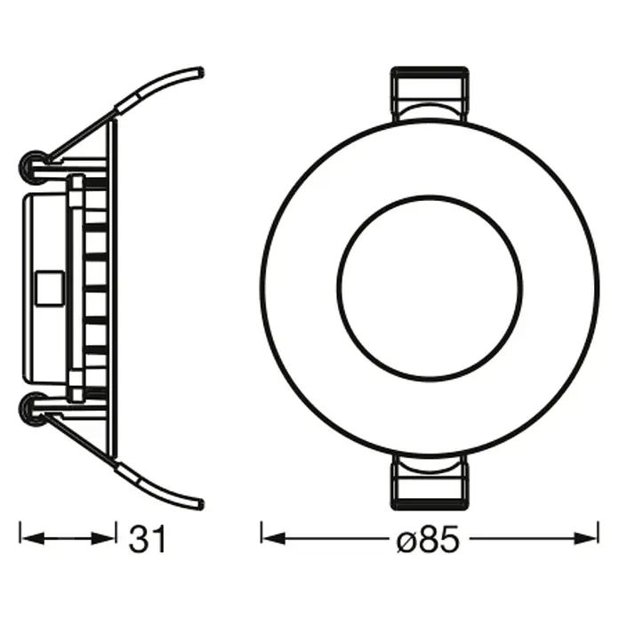Ledvance LED-Einbauleuchten-Set rund - 4,5 W, Ø x H: 8,5 x 2,3 cm, Weiß, Warmweiß - Technische Zeichnung eines LED-Einbaustrahlers mit den Maßen 31 mm Tiefe und 85 mm Durchmesser.