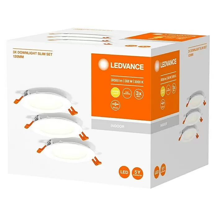 Ledvance LED-Einbauleuchten-Set rund - 8 W, Ø x H: 12 x 2,4 cm, Weiß, Warmweiß - Diagonale Ansicht