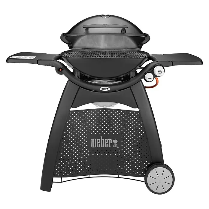 Weber Barbacoa de gas Q3000 - Superficie de la parrilla (An x Pr): 64 x 45 cm, 6,4 kW, Número de quemadores: 2 ud. - Aquí tienes una barbacoa de gas Weber. Es negro, tiene dos mesas auxiliares, una tapa y un carro con ruedas.