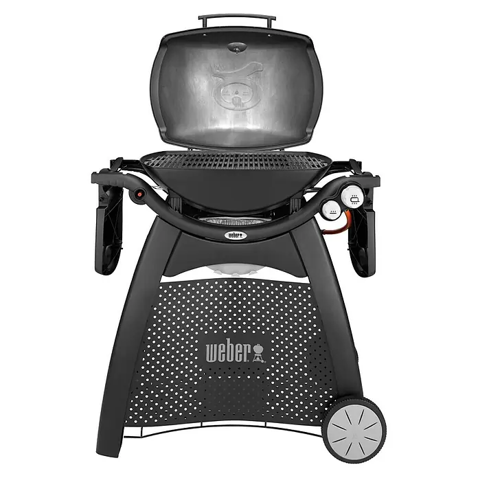 Weber Barbacoa de gas Q3000 - Superficie de la parrilla (An x Pr): 64 x 45 cm, 6,4 kW, Número de quemadores: 2 ud. - Barbacoa de gas negra Weber Q 3200 con tapa abierta y controles. Una práctica barbacoa para cocinar al aire libre.
