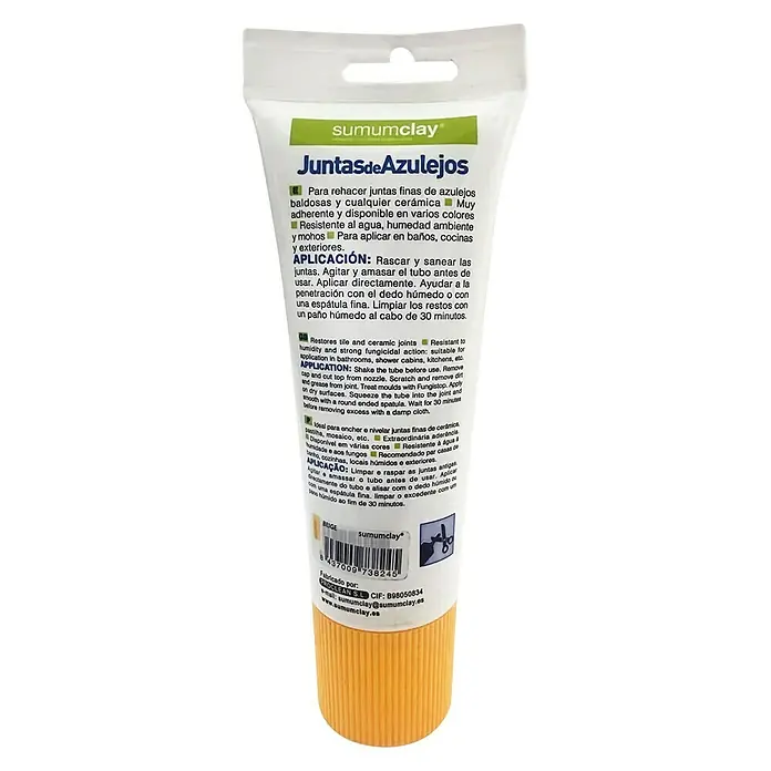 Masilla Juntas de Azulejos - Beige, 200 ml - Imagen de un tubo de rejuntador Sumumclay. Apto para baños, cocinas y exteriores, resistente al agua y al moho.