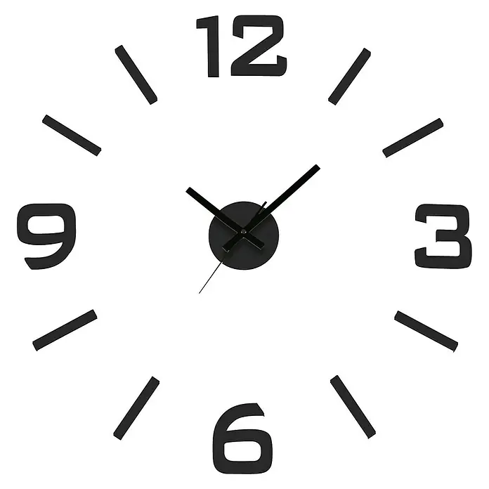 Versa Reloj de pared Pegatina - Diámetro: 70 cm, Negro - Un reloj de pared DIY negro y moderno con números grandes y un diseño minimalista. Las agujas indican una hora específica.