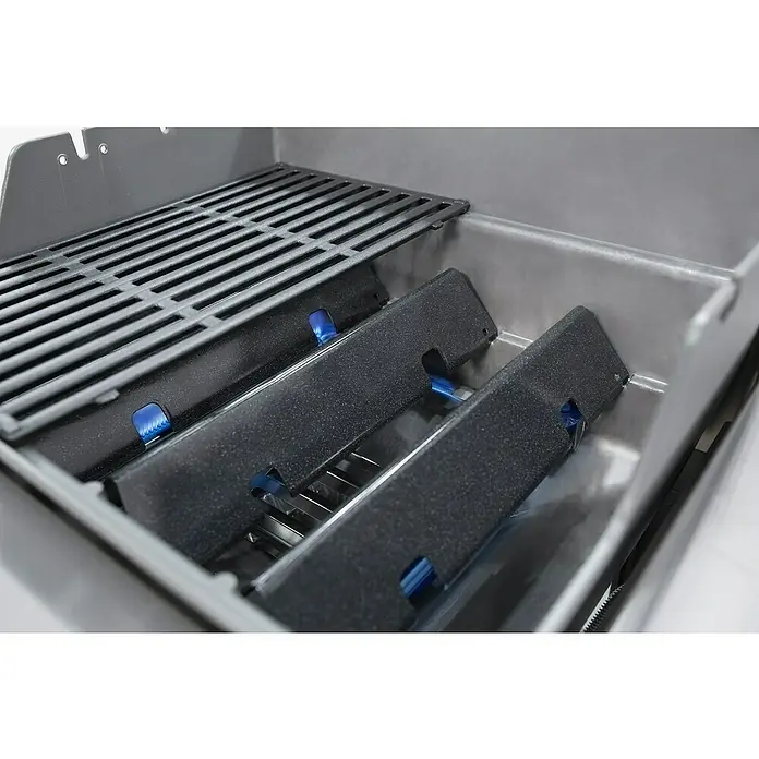 Weber Barbacoa de gas Spirit II E-210 GBS - Superficie de la parrilla (An x Pr): 51 x 46 cm, Número de quemadores: 2 - Primer plano de una parrilla de alta calidad con rejillas, quemadores y protectores de llama, lista para una parrillada perfecta.