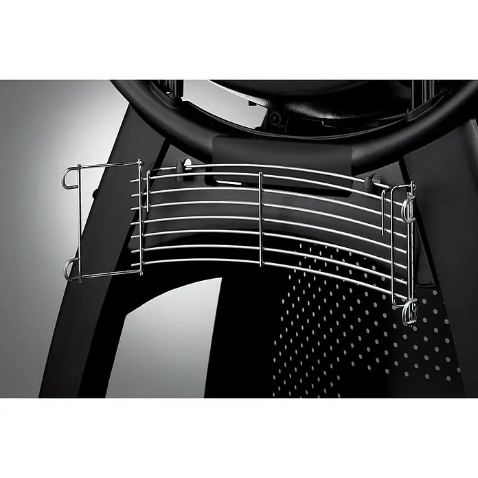 Weber Barbacoa de gas Q3000 - Superficie de la parrilla (An x Pr): 64 x 45 cm, 6,4 kW, Número de quemadores: 2 ud. - Primer plano de una parrilla negra Napoleon con un tendedero cromado y un panel perforado.
