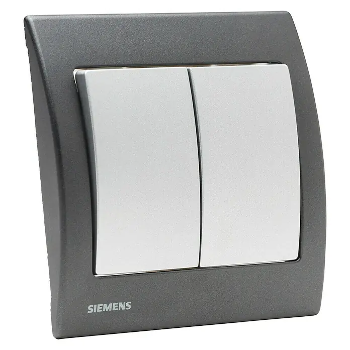 Siemens Delta Iris Conmutador doble - Plateado, Empotrar, Aluminio - Primer plano de un interruptor de luz Siemens gris con dos botones plateados.