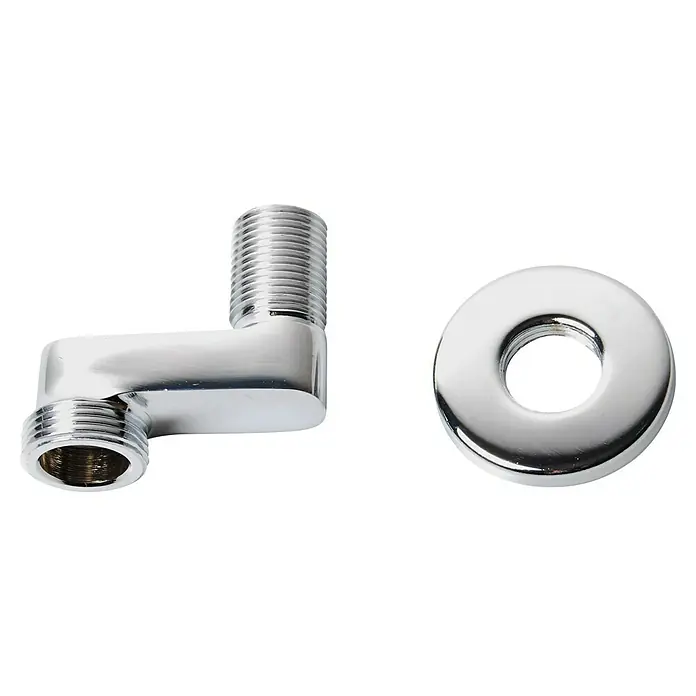 S-Anschluss - 3 -tlg., ¾″, Länge: 40 mm - Nahaufnahme eines verchromten 90-Grad-Winkelstücks und einer Rosette, Sanitärzubehör für Badezimmer oder Kücheninstallationen.