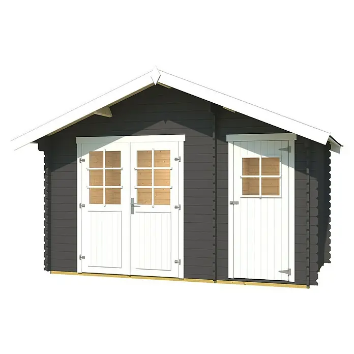 Weka Gartenhaus - Außenmaß inkl. Dachüberstand (B x T): 417,3 x 250 cm, Holz, Graphitgrau/ Weiß - Schuppen mit Doppeltür und Einzeltür aus grauem Holz und weißem Rahmen. Ideal zur Aufbewahrung von Gartengeräten und Werkzeugen.