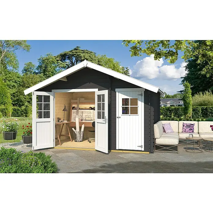 Weka Gartenhaus - Außenmaß inkl. Dachüberstand (B x T): 417,3 x 250 cm, Holz, Graphitgrau/ Weiß - Ein geräumiges Gartenhaus mit geöffneten Türen, das einen Einblick in ein helles Interieur mit einem Arbeitstisch bietet.