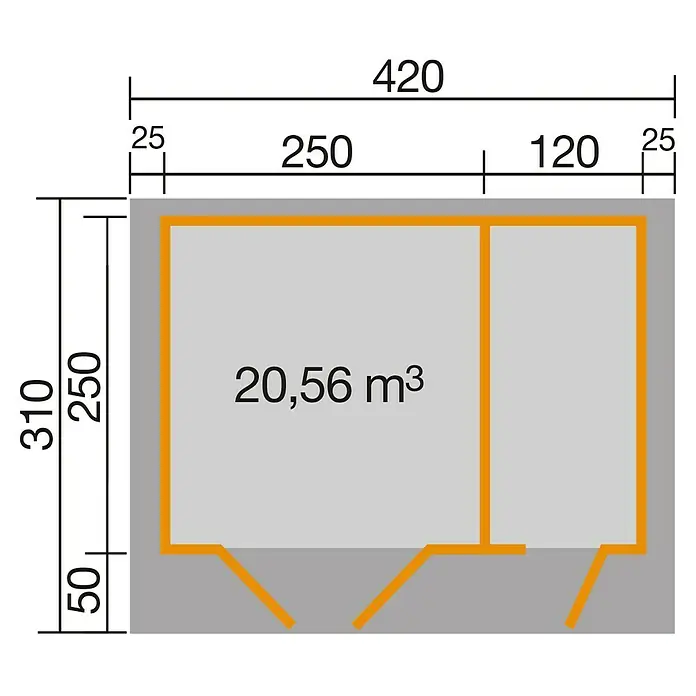 Weka Gartenhaus - Außenmaß inkl. Dachüberstand (B x T): 417,3 x 250 cm, Holz, Graphitgrau/ Weiß - Grundrisszeichnung eines Gartenhauses mit den Maßen 420 x 310 cm und einem Volumen von 20,56 m³.