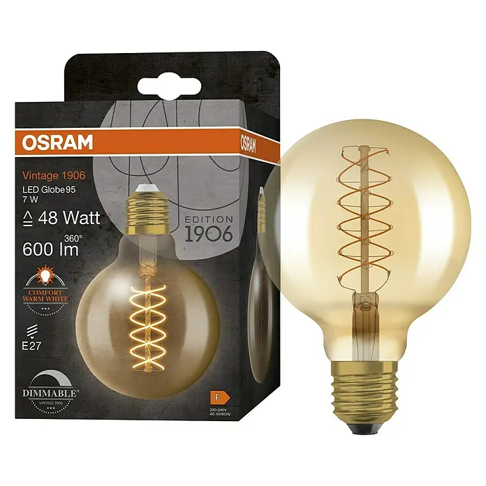 Osram LED-Lampe Vintage Edition 1906 Globe-Form E27 - Durchmesser: 9,5 cm, E27, Dimmbar, Warmweiß, 600 lm, 7 W - Abbildung einer Osram Vintage 1906 LED Globe 95 7W Lampe, die warmweißes Licht ausstrahlt und dimmbar ist.
