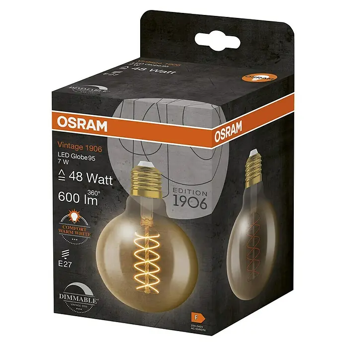 Osram LED-Lampe Vintage Edition 1906 Globe-Form E27 - Durchmesser: 9,5 cm, E27, Dimmbar, Warmweiß, 600 lm, 7 W - Eine Produktaufnahme der OSRAM Vintage 1906 LED Globe 95 7W Glühbirne in ihrer Verpackung, die das Produkt und seine Eigenschaften hervorhebt.