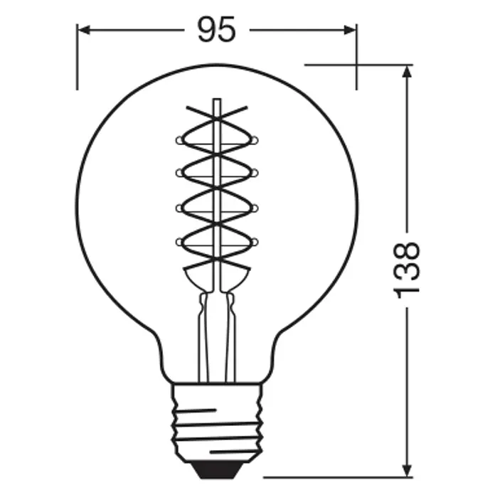 Osram LED-Lampe Vintage Edition 1906 Globe-Form E27 - Durchmesser: 9,5 cm, E27, Dimmbar, Warmweiß, 600 lm, 7 W - Technische Zeichnung einer Glühbirne mit Maßangaben (95 mm Breite, 138 mm Höhe), die die Dimensionen der Edison-Glühbirne illustriert.