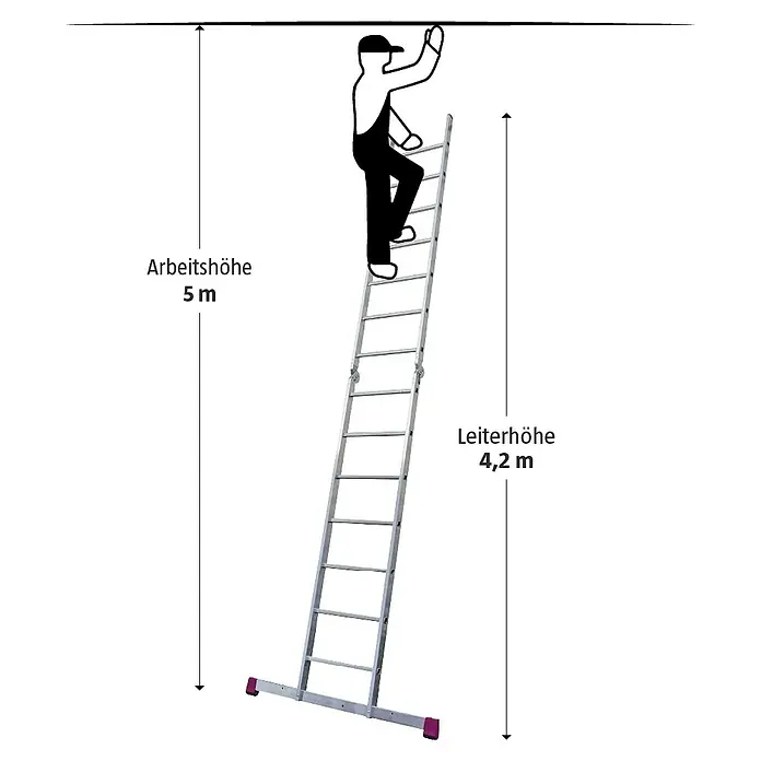Krause Corda Gelenkgerüst - Arbeitshöhe: 5 m, Belastbarkeit Plattform: 135 kg, Breite Plattform: 0,56 m, Länge Plattform: 1,5 m - Bild einer Leiter mit einer Arbeitshöhe von 5 m und einer Leiterhöhe von 4,2 m, auf der eine Person steht.