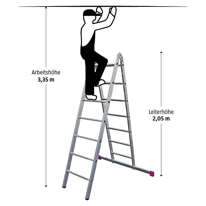 Krause Corda Gelenkgerüst - Arbeitshöhe: 5 m, Belastbarkeit Plattform: 135 kg, Breite Plattform: 0,56 m, Länge Plattform: 1,5 m - Illustration einer Klapptrittleiter mit den Maßen Arbeitsbereichhöhe 3,35m und Leiterhöhe 2,05m, ideal für Arbeiten in der Höhe.