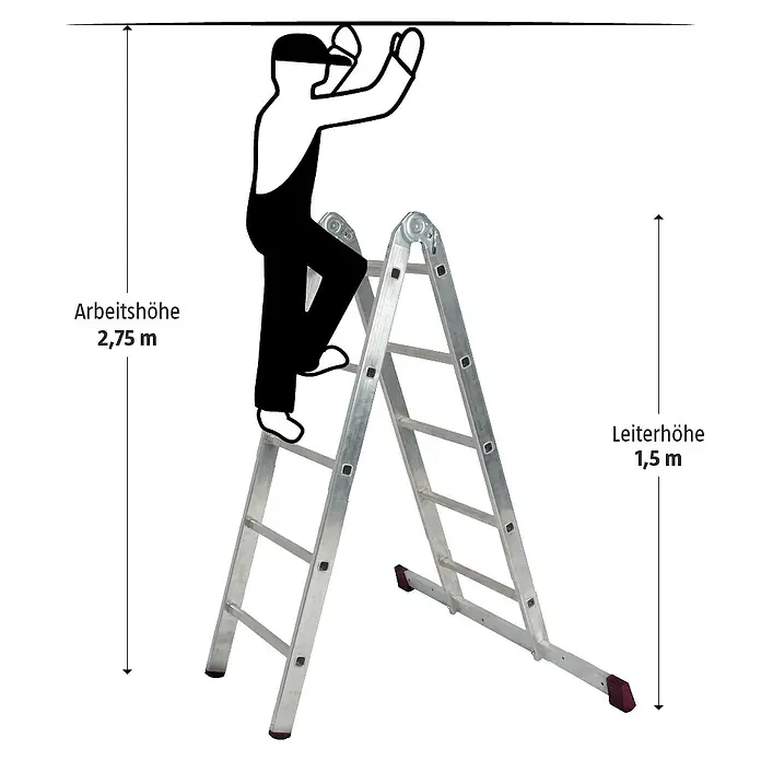 Krause Corda Gelenkgerüst - Arbeitshöhe: 4 m, Belastbarkeit Plattform: 135 kg - Illustration einer Aluminium-Doppelleiter, die vielseitig für verschiedene Arbeitshöhen im Innen- und Außenbereich eingesetzt werden kann.