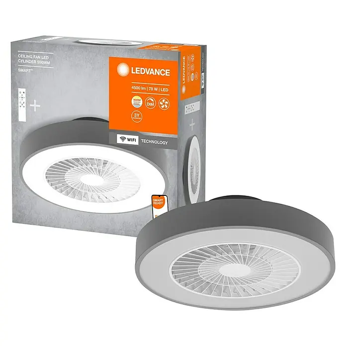 Ledvance Smart+ WiFi Deckenventilator - Grau, 55 cm, 78 W - Ein LEDVANCE Deckenventilator mit LED-Beleuchtung, zylinderförmig und 550mm Durchmesser, präsentiert in der Produktverpackung.