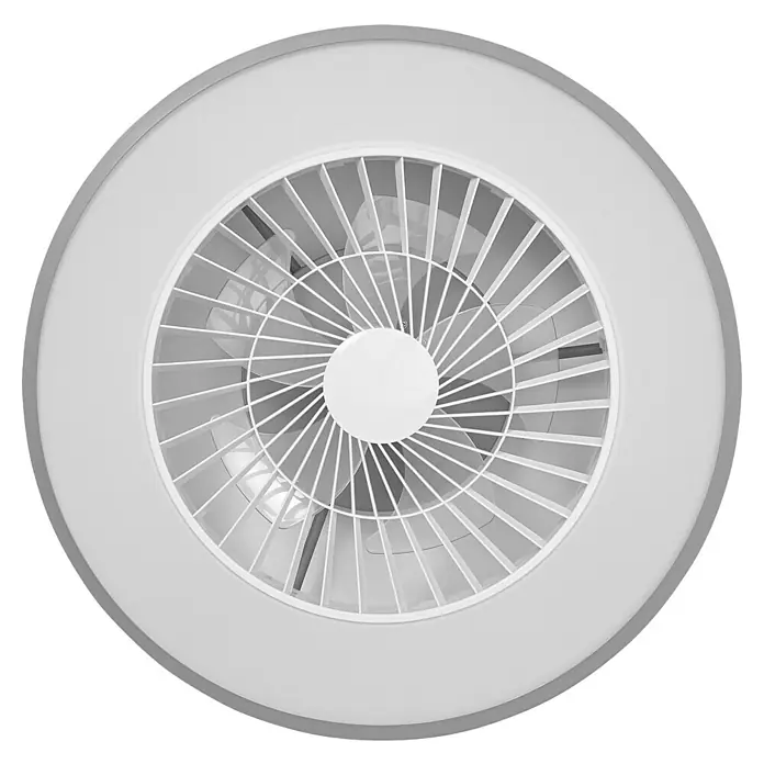 Ledvance Smart+ WiFi Deckenventilator - Grau, 55 cm, 78 W - Ein weißer Deckenventilator mit Licht und runder Abdeckung vor einem schwarzen Hintergrund. Perfekt für moderne Wohnräume.
