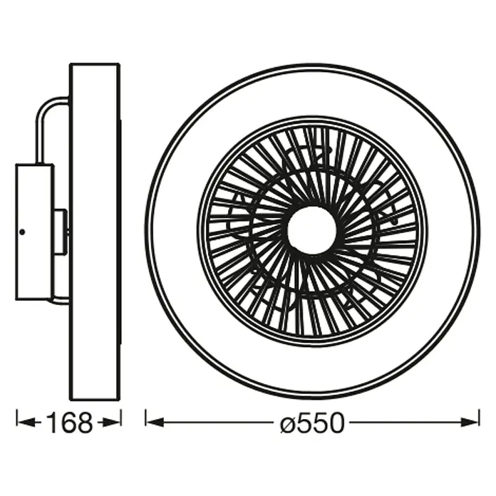 Ledvance Smart+ WiFi Deckenventilator - Grau, 55 cm, 78 W - Abbildung einer runden Deckenleuchte mit einem Durchmesser von 550 mm und einer Tiefe von 168 mm. Die Leuchte hat ein filigranes, radiales Design.
