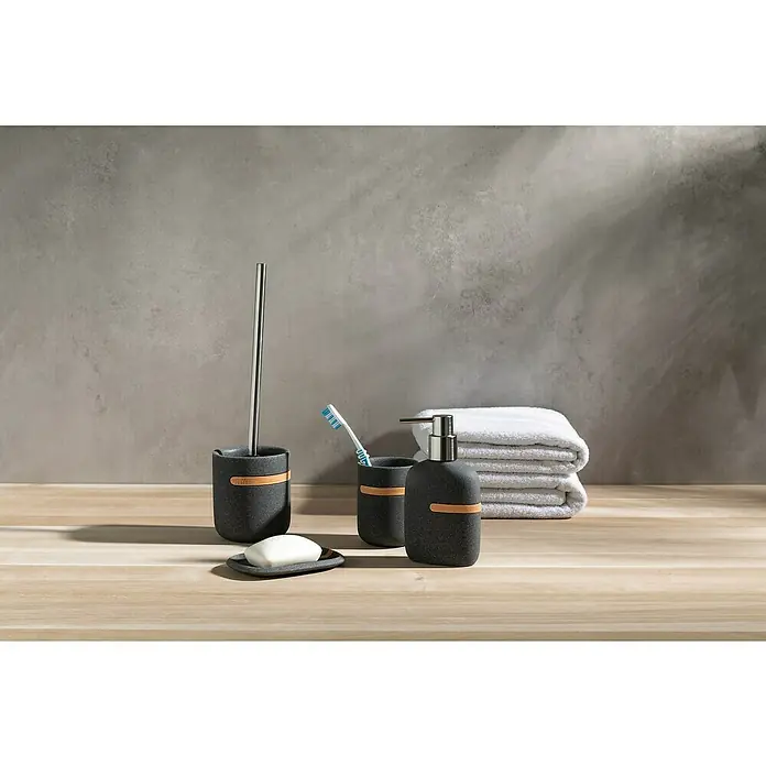 Venus Empire Zahnputzbecher - Polyresin, Grau - Badezimmer-Set mit Seifenspender, Becher, Seifenschale und Toilettenbürste in Grau, verziert mit einem schmalen Holzstreifen.