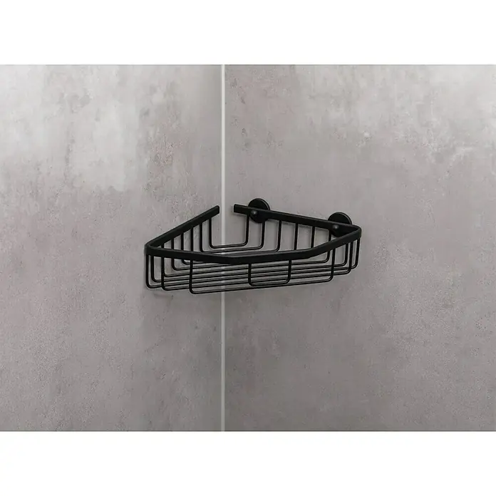 Camargue Eckduschkorb Lela - 30,7 x 21,3 x 6,2 cm, Aluminium, Schwarz - Eckregal aus schwarzem Metalldraht für die Dusche, ideal zur Aufbewahrung von Shampoo und Duschgel, an grauer Wand befestigt.