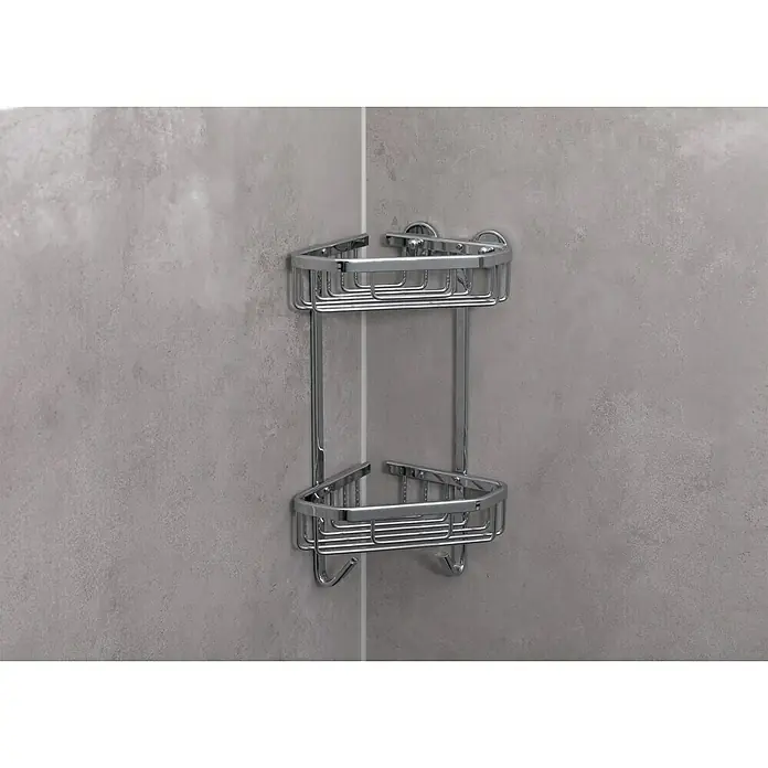 Camargue Eckduschkorb Mira - 13,6 x 20,6 x 33,5 cm, Aluminium, Chrom - Eckregal mit zwei Ablagen aus verchromtem Metall, zur Aufbewahrung von Badutensilien, stilvoll und platzsparend.