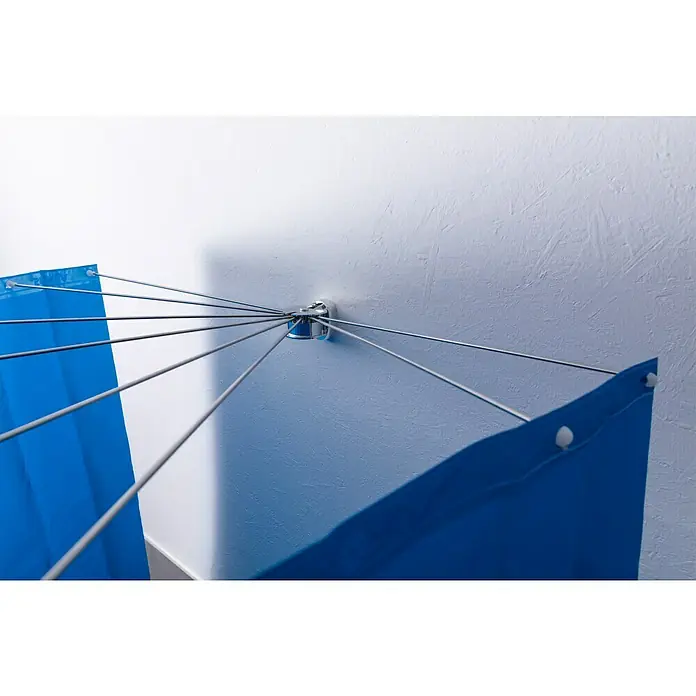 Venus Duschfaltkabine - 70 x 100 cm, Chrom - Wandmontierter Wäscheständer mit blauem Tuch zum Trocknen von Kleidung. Praktische Lösung für kleine Räume mit Wäschetrockner.