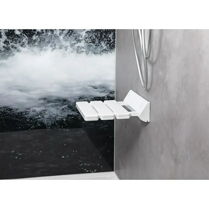 careosan Duschklappsitz - 32 x 32 cm, Belastbarkeit: 110 kg, Weiß - Bild einer weißen Duschbank an der Wand. Die Bank ist klappbar und bietet eine praktische Sitzgelegenheit in der Dusche.