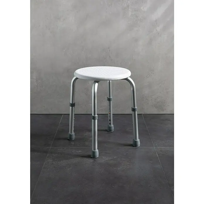 careosan Badhocker Easy Comfort Plus - Höhenverstellung: 35,5 cm - 51 cm, Belastbarkeit: 150 kg, Weiß - Der abgebildete, höhenverstellbare Duschhocker mit Aluminiumbeinen und einer weißen Sitzfläche bietet Komfort und Sicherheit im Badezimmer.
